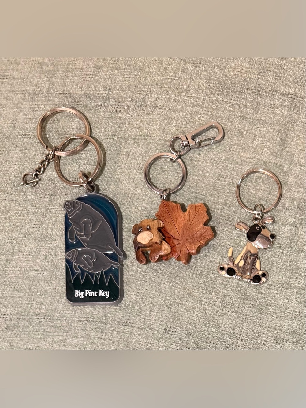 Lot of 3 Vtg Keychains: Carved Wood Bear, Big Pine Key Manatee, & Polka Dot Dog